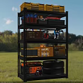 Multi Tier Storage Shelf With Tools Boxes And Tires In Garage