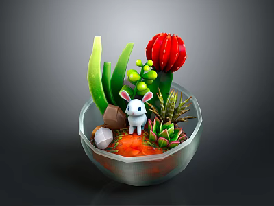 Small Rabbit Doll With Succulent Plants In Transparent Glass Bowl Decoration 3d model