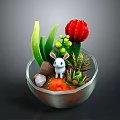 Small Rabbit Doll With Succulent Plants In Transparent Glass Bowl Decoration