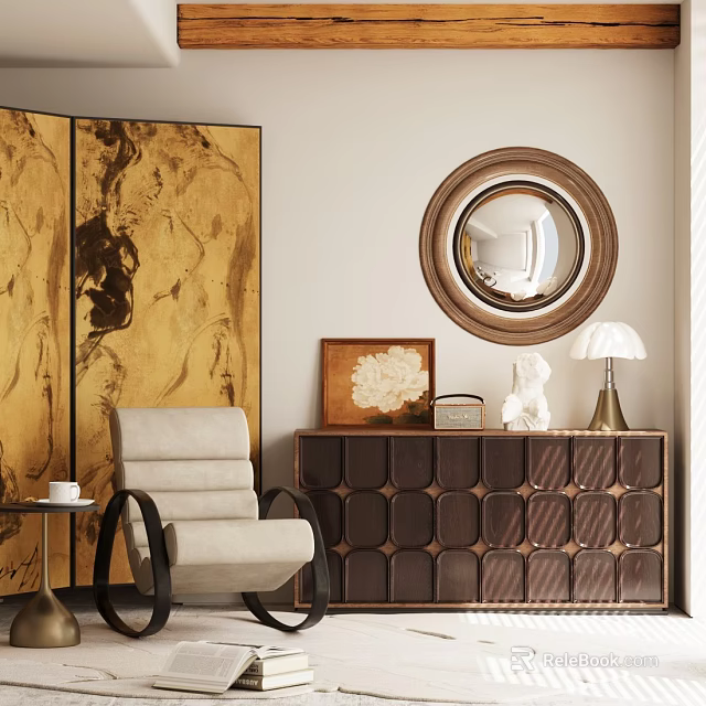 Elegant Beige Leisure Chair With Black Armrests Gold Screen Round Mirror And Brown Cabinet Decor 3d model 