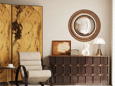 Elegant Beige Leisure Chair With Black Armrests Gold Screen Round Mirror And Brown Cabinet Decor 3d model