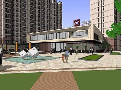 Park Landscape Featuring Modern Buildings Plaza Water Feature Dice Decorations Walkway And Green Lawn 3d model