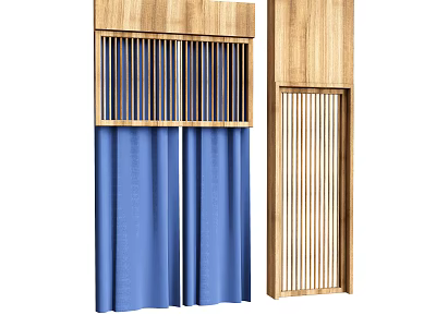 Modern Blue Curtains With Vertical Stripes And Wooden Frame For Interior Decoration 3d model