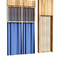 Modern Blue Curtains With Vertical Stripes And Wooden Frame For Interior Decoration