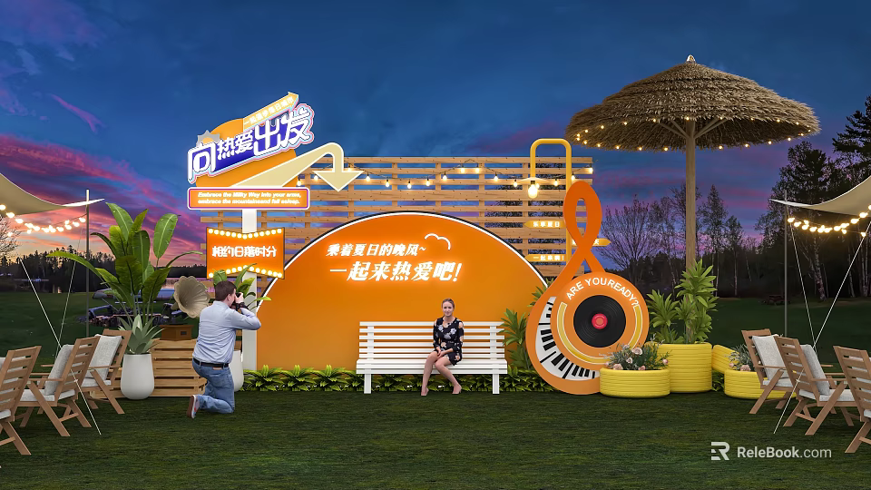 Summer Sunset Photo Check-in Spot with Orange Backdrop Bench Straw Umbrella and Neon Decorations 3d model 