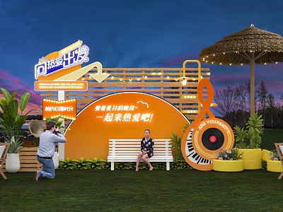 Summer Sunset Photo Check-in Spot with Orange Backdrop Bench Straw Umbrella and Neon Decorations 3d model