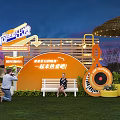 Summer Sunset Photo Check-in Spot with Orange Backdrop Bench Straw Umbrella and Neon Decorations