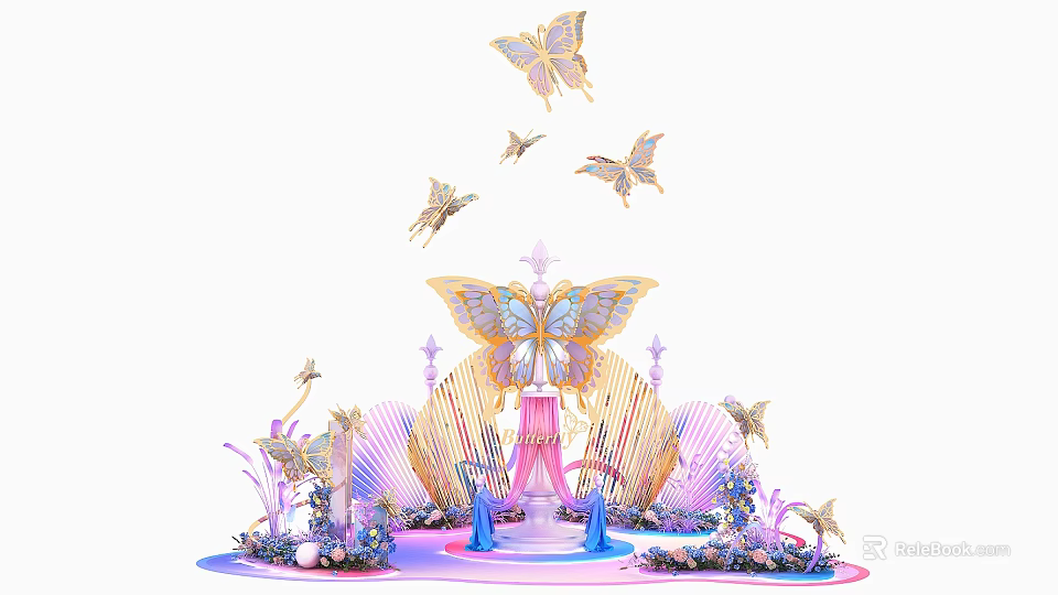 Floral Art Installation With Butterflies Seashells And Soft Pink Blue Purple Decorative Design 3d model 