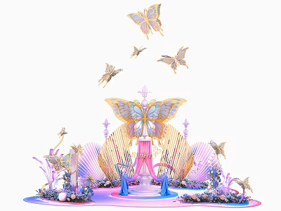 Floral Art Installation With Butterflies Seashells And Soft Pink Blue Purple Decorative Design 3d model