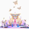 Floral Art Installation With Butterflies Seashells And Soft Pink Blue Purple Decorative Design