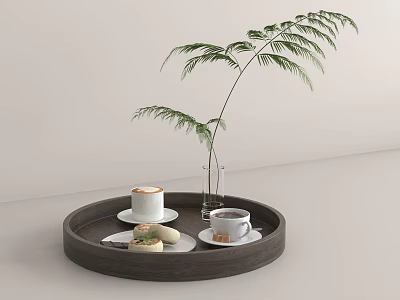 Stylish Round Wooden Tray With Coffee Cups Desserts And Green Plant In Transparent Vase 3d model