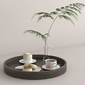 Stylish Round Wooden Tray With Coffee Cups Desserts And Green Plant In Transparent Vase