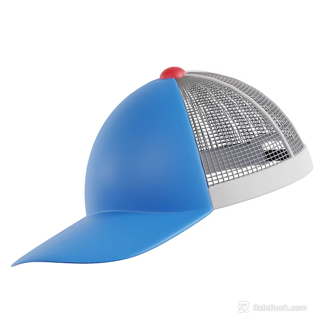 Blue Baseball Cap With Red Pom Pom Gray Mesh Breathable Design 3d model 