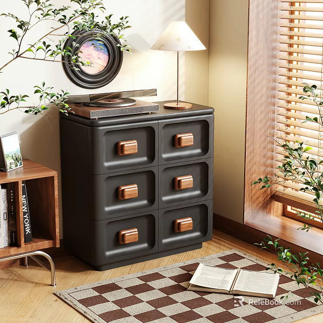 Black Six Drawer Chest of Drawers with Wooden Handles in Cozy Living Room 3d model 