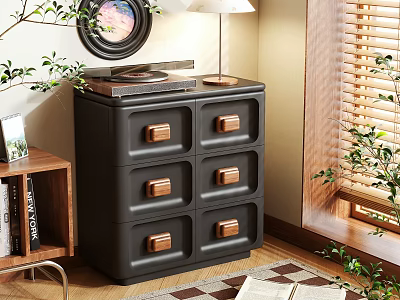 Black Six Drawer Chest of Drawers with Wooden Handles in Cozy Living Room 3d model