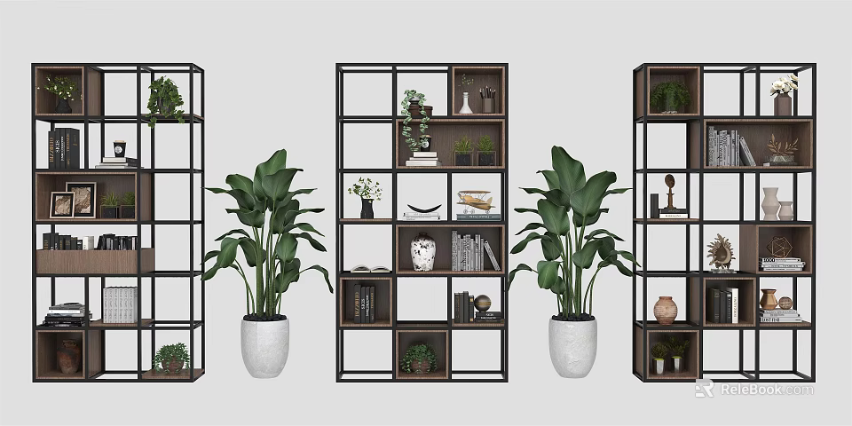 Modern Open Bookshelf with Multiple Compartments Books Decorative Items and Plants 3d model 