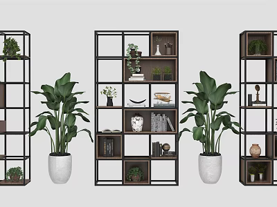 Modern Open Bookshelf with Multiple Compartments Books Decorative Items and Plants 3d model