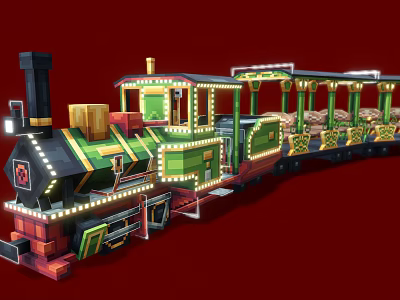Decorative Vintage Style Train With Green Red Black Color And Illuminated Carriages Lights 3d model