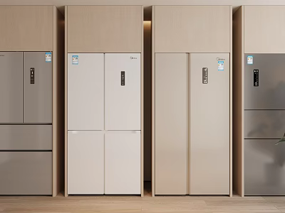 Modern Refrigerators With Various Designs And Colors Showcased In Kitchen 3d model