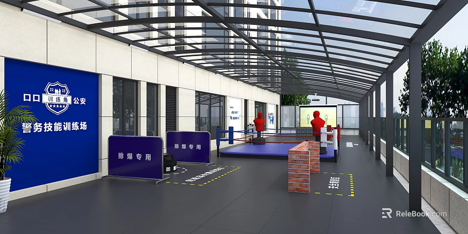 Indoor Sports Fitness Area With Table Tennis Table Coach Signs And Glass Ceiling 3d model 