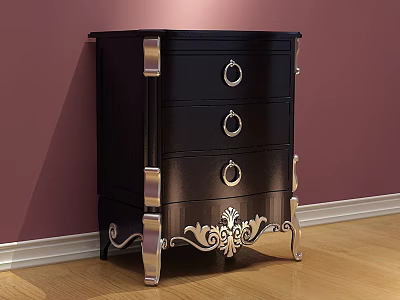 Elegant Console Cabinet With Silver Metal Accents Three Drawers And Carved Design On Wooden Floor 3d model