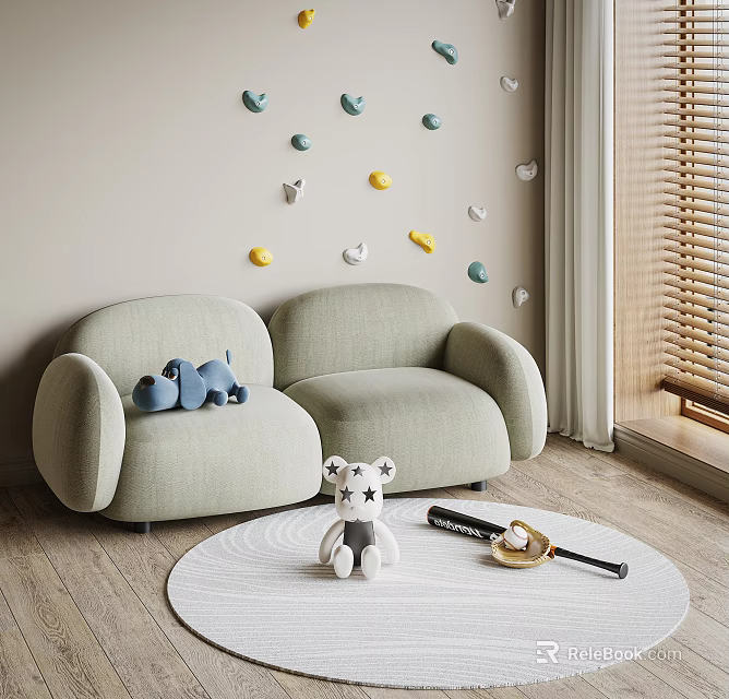 Light Green Two Seater Sofa With Colorful Wall Decorations White Rug And Stuffed Toys 3d model 