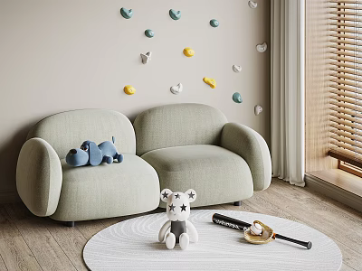 Light Green Two Seater Sofa With Colorful Wall Decorations White Rug And Stuffed Toys 3d model