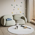 Light Green Two Seater Sofa With Colorful Wall Decorations White Rug And Stuffed Toys