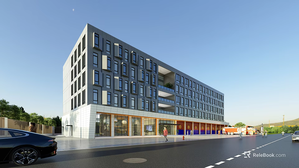 Modern Fire Station Building With Glass Windows And Urban Street View 3d model 