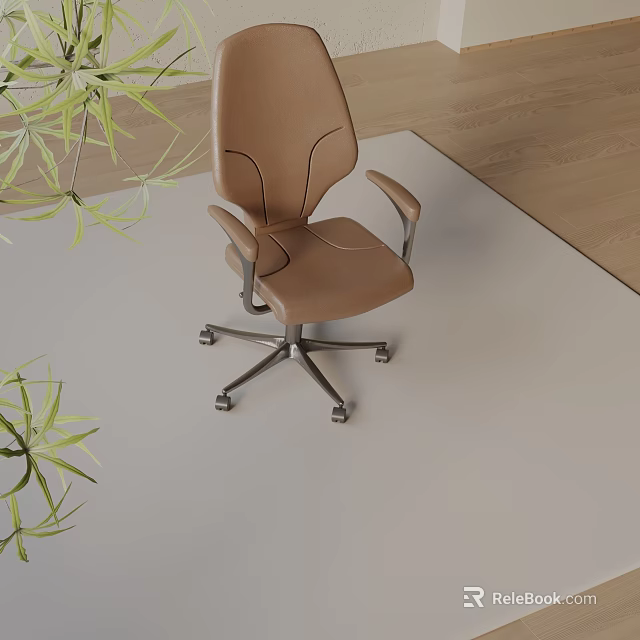Brown Office Chair With Ergonomic Armrests Metal Base And Green Plants 3d model 