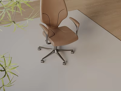 Brown Office Chair With Ergonomic Armrests Metal Base And Green Plants 3d model