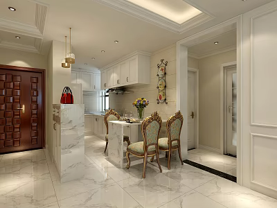 Modern Restaurant Interior With Open Kitchen Marble Counter And Dining Chairs 3d model