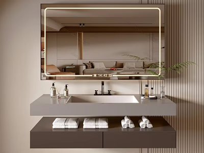 Modern Bathroom Cabinet With Double Sink Mirror Towels And Toiletries 3d model