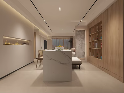 Modern Open Dining and Living Room With Marble Island Wooden Cabinets Sofa Bookshelf Light Strips 3d model
