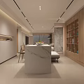 Modern Open Dining and Living Room With Marble Island Wooden Cabinets Sofa Bookshelf Light Strips