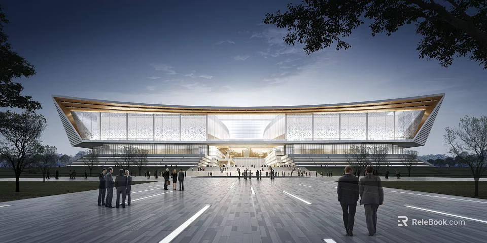 Modern Architectural Building With Glass Facade And Open Plaza People Walking In Evening Trees 3d model 