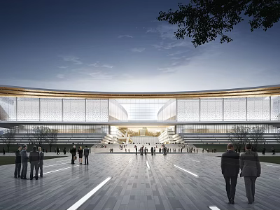 Modern Architectural Building With Glass Facade And Open Plaza People Walking In Evening Trees 3d model