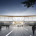 Modern Architectural Building With Glass Facade And Open Plaza People Walking In Evening Trees