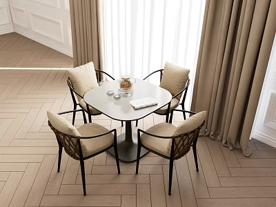 Round Dining Table With Four Woven Chairs And Beige Cushions In Cozy Interior 3d model