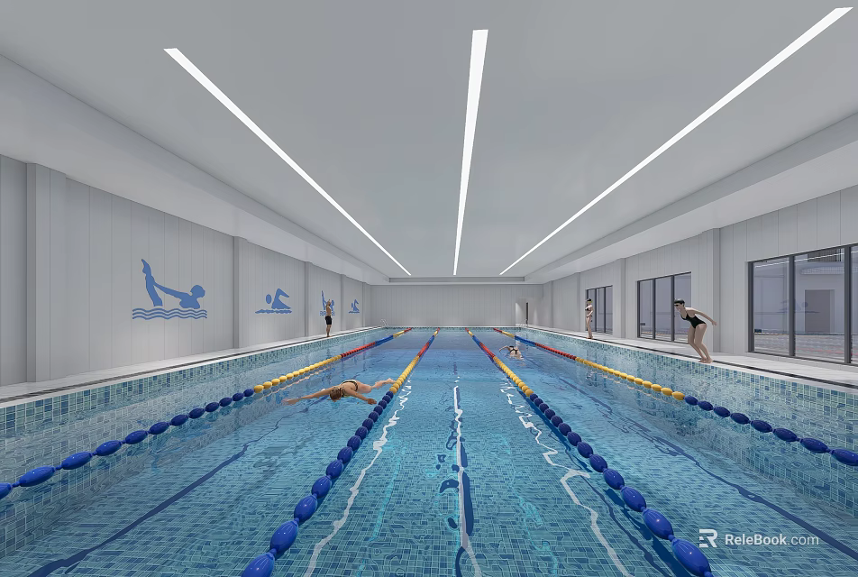 Indoor Swimming Pool Interior With Blue Lane Lines Swimmers And White Strip Lighting 3d model 