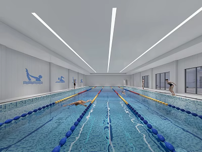 Indoor Swimming Pool Interior With Blue Lane Lines Swimmers And White Strip Lighting 3d model