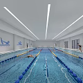 Indoor Swimming Pool Interior With Blue Lane Lines Swimmers And White Strip Lighting