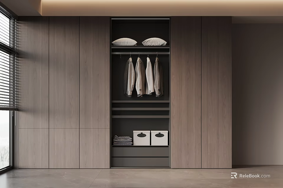 Modern Wooden Wardrobe Open Design Featuring Hanging Folded Areas And Storage Boxes 3d model 