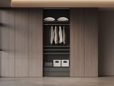 Modern Wooden Wardrobe Open Design Featuring Hanging Folded Areas And Storage Boxes 3d model