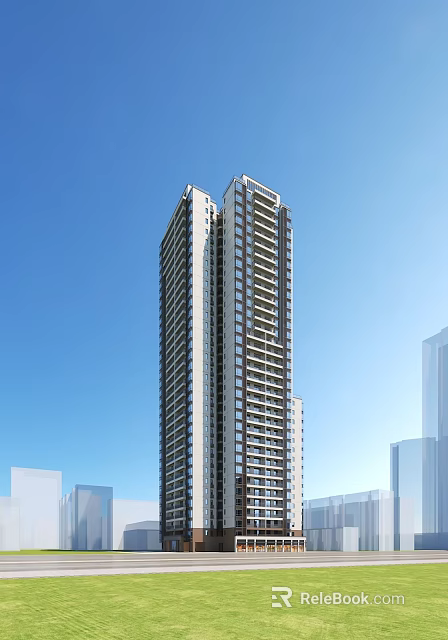 Tall Modern Residential Building Exterior With Blue Sky And Surrounding Architecture 3d model 