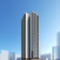 Tall Modern Residential Building Exterior With Blue Sky And Surrounding Architecture