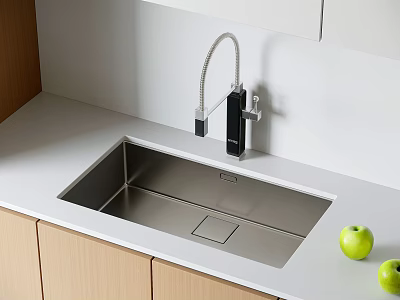 Stainless Steel Kitchen Sink With Black Faucet On White Countertop And Light Wooden Cabinets 3d model