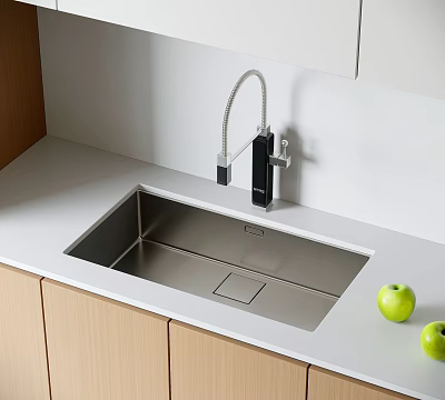 Stainless Steel Kitchen Sink With Black Faucet On White Countertop And Light Wooden Cabinets 3d model