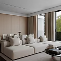 Modern Living Dining Room Interior With Beige Sofa Coffee Table Dining Chairs Large Windows Trees