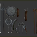 Various Weapons Collection Display Featuring Shield Spear Bow Axe and Blade Types 3d model